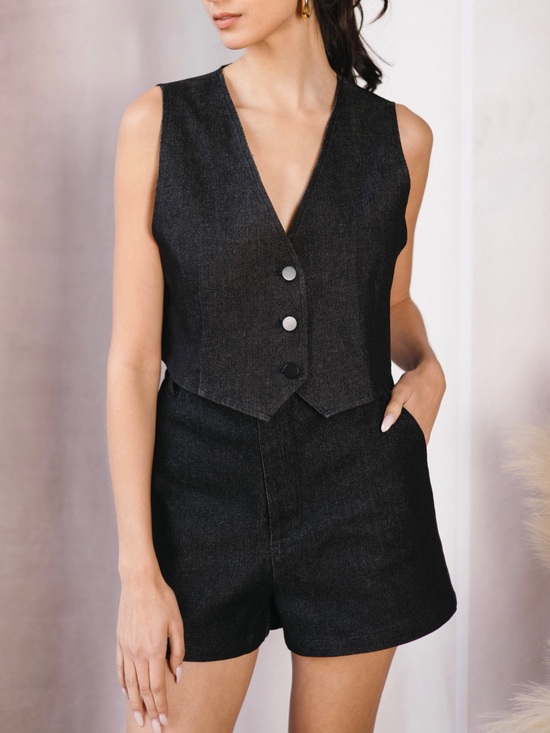 Sylc Designs Jackets & Blazers - Black Denim Vest - Tailored Sleeveless Jacket